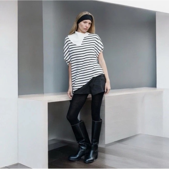 ZARA Sweater Top Small Black White Stripe Cap Sleeves Cowl Neck Asymmetrical NWT - Picture 1 of 9